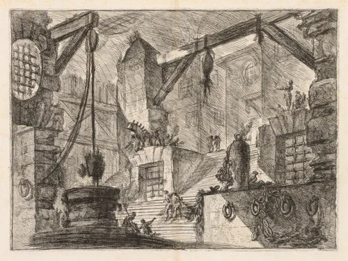 The Prisons: Colonnaded Interior with a Broad Stair by Giovanni Battista Piranesi, print, 1745-1750