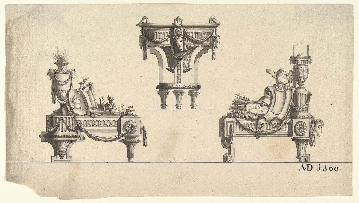 Three Designs for Architectural Trophies by Jean Charles Delafosse, drawing, 1734-1789