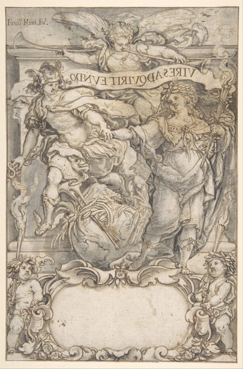 Design for a Frontispiece: Mercury and Fame by Francisco Rizi, drawing, 1650