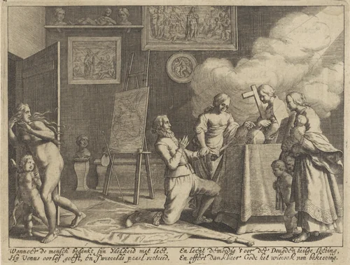 Allegorische voorstelling met de Hoop, het Geloof en de Liefde by Pieter Serwouters, print, 1622