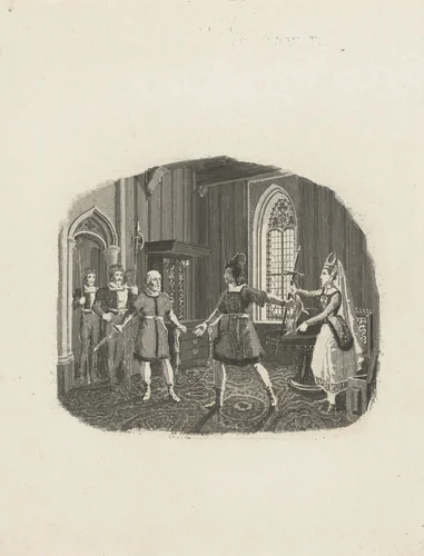 Vrouw reikt haar man zijn zwaard by Henricus Wilhelmus Couwenberg, print, 1838