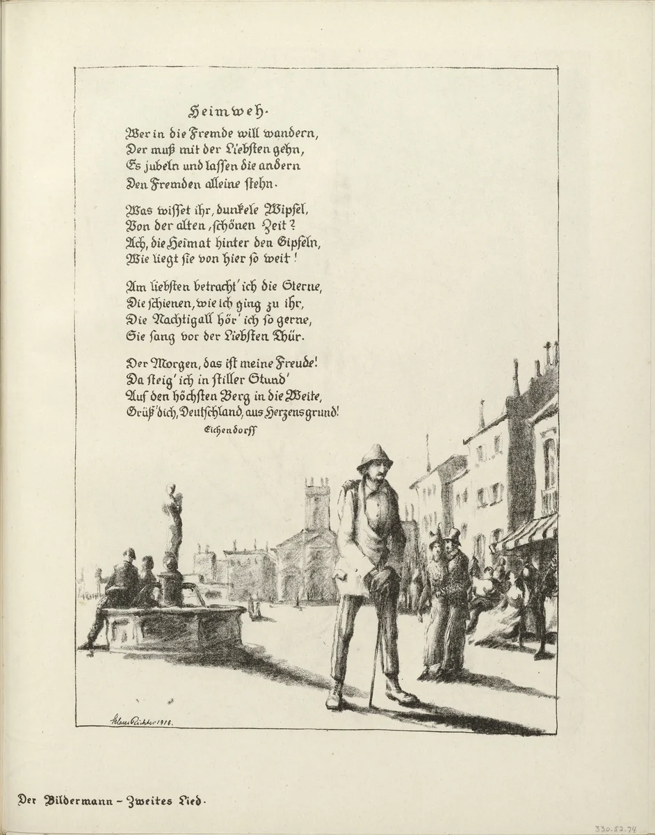 Untitled, illustration to Eichendorff's poem "Homesickness" (Heimweh) (border, 2nd song, folio 40) from the periodical Der Bildermann, supplement to vol. 1, no. 3 (May 1916) by Klaus Richter, periodical, 1916