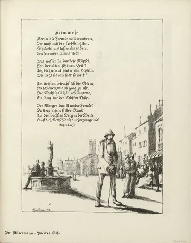 Untitled, illustration to Eichendorff's poem "Homesickness" (Heimweh) (border, 2nd song, folio 40) from the periodical Der Bildermann, supplement to vol. 1, no. 3 (May 1916) by Klaus Richter, periodical, 1916