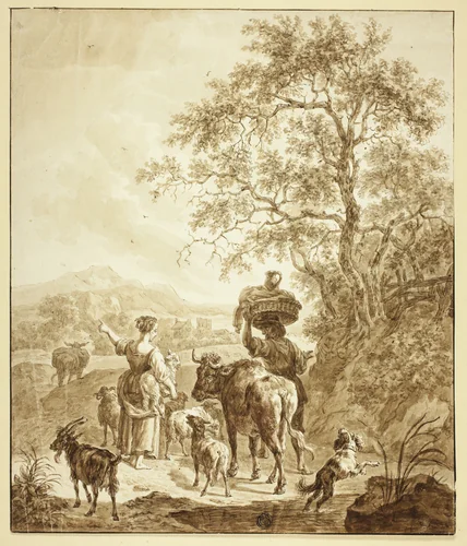 Shepherdess and Peasant with Flock in Italianate Landscape by Nicolaes Berchem, drawing, 1650-1759