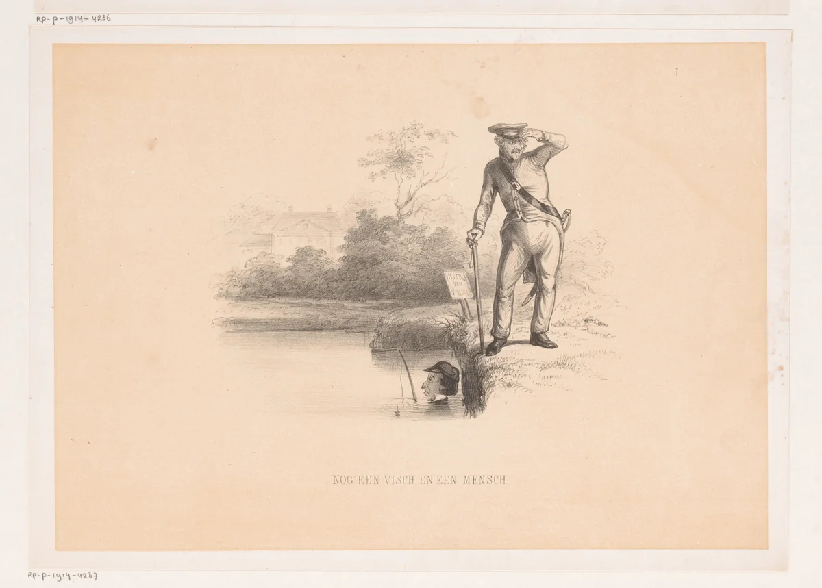 Visser verstopt zich voor agent by Carel Christiaan Antony Last, print, 1856