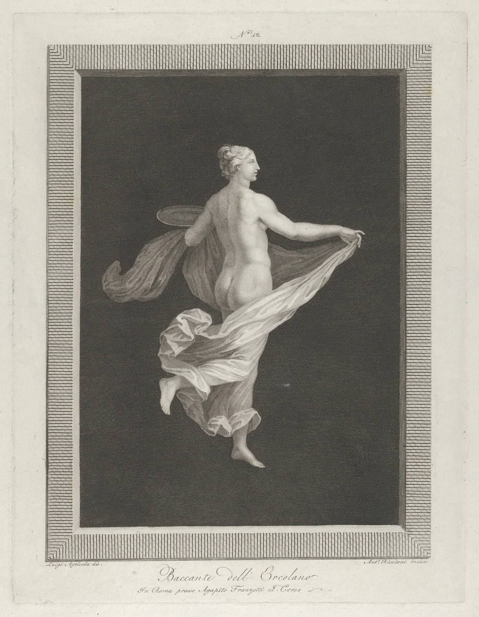 A partly naked bacchante seen from behind, facing right and holding an oval dish in her left hand, her drapery in her right, set against a black background inside a rectangular frame by Antonio Ricciani, print, 1790-1825