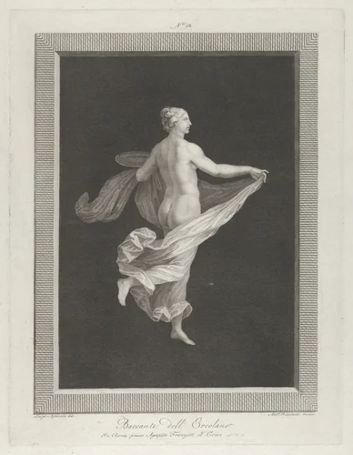 A partly naked bacchante seen from behind, facing right and holding an oval dish in her left hand, her drapery in her right, set against a black background inside a rectangular frame by Antonio Ricciani, print, 1790-1825
