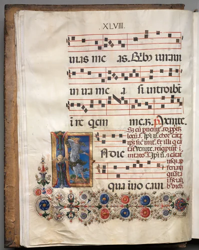 Antiphonary: Initial, angel by Girolamo da Cremona, manuscript, 1470-1480
