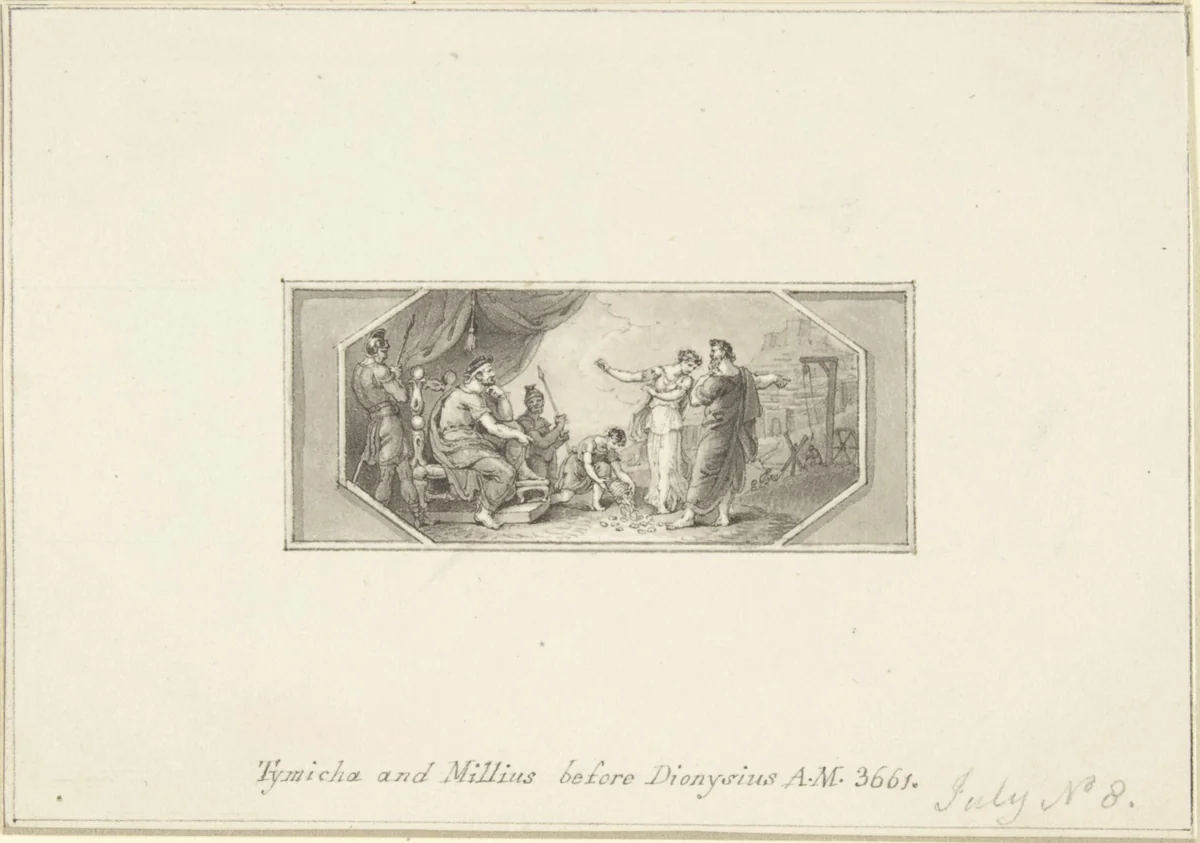 Tymicha and Millius before Dionysius by Edward Francis Burney, drawing, 1790-1800