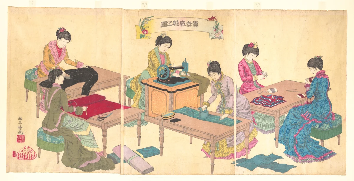 Ladies Sewing (Kijo saihō no zu) by Adachi Ginkō, print, 1887
