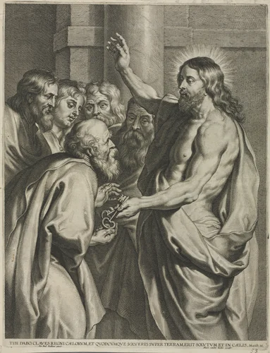 Christ Giving the Keys to Peter by Pieter I de Jode, print, 1600-1634