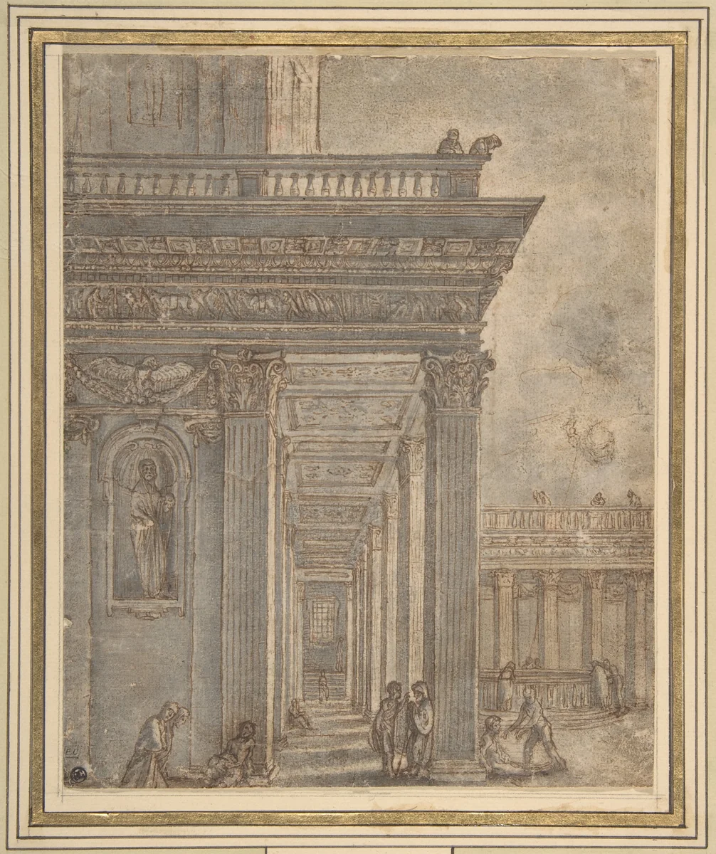 A Temple in a Courtyard (Pool of Bethesda) by Adam Elsheimer, drawing, 1590-1610