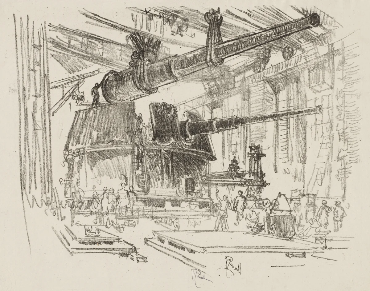 English War Work: Fitting Guns in Turrets by Joseph Pennell, print, 1916