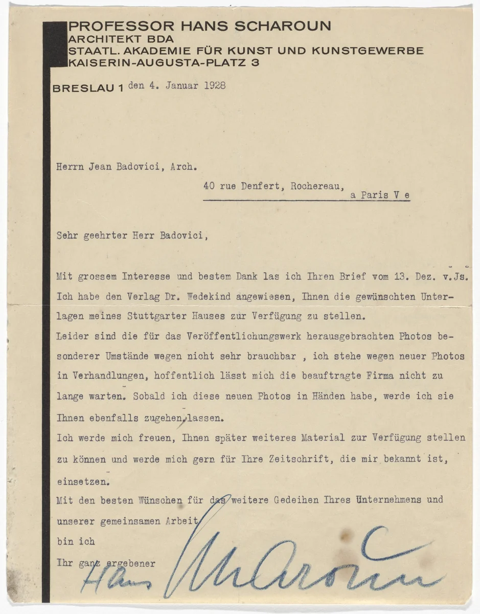 Hans Scharoun letterhead (Letter to Jean Badovici from Scharoun) by Hans Scharoun, design, 1928