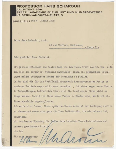 Hans Scharoun letterhead (Letter to Jean Badovici from Scharoun) by Hans Scharoun, design, 1928
