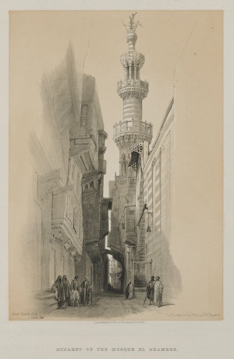 Egypt and Nubia, Volume III: The Minaret of the Mosque El Rhamree by Louis Haghe, print, 1848