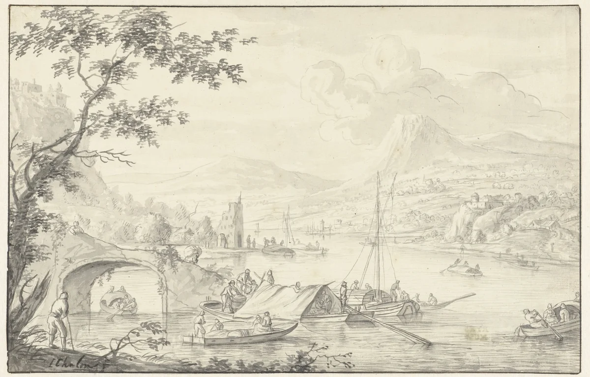 Rivierlandschap by Louis Chalon, drawing, 1697-1741