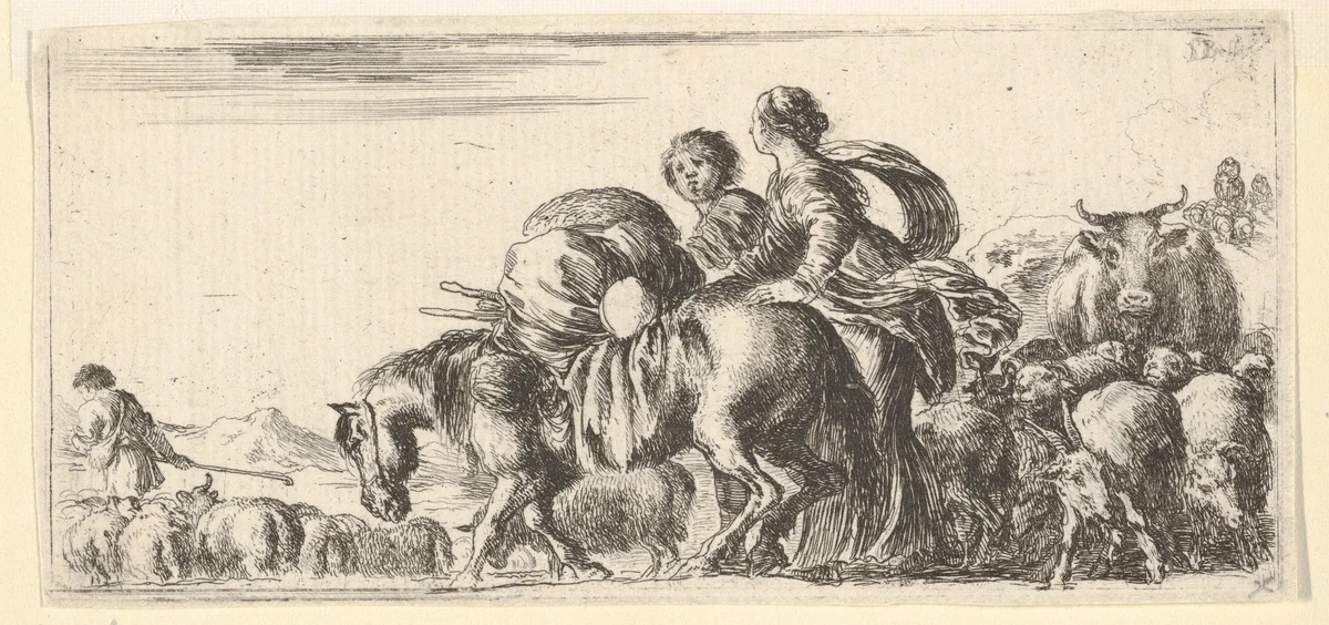 Journey of Jacob and Rachel to the land of Canaan, Rachel directs a horse towards the left, various other animals follow by Stefano della Bella, print, 1638-1648