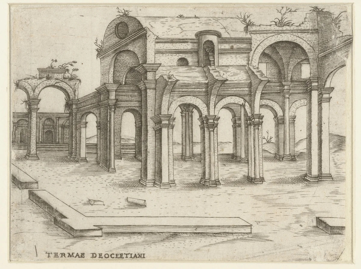 Vervallen klassiek badhuiscomplex (Thermen van Diocletianus) by anonymous, print, 1500-1549