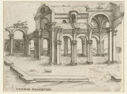 Vervallen klassiek badhuiscomplex (Thermen van Diocletianus) by anonymous, print, 1500-1549