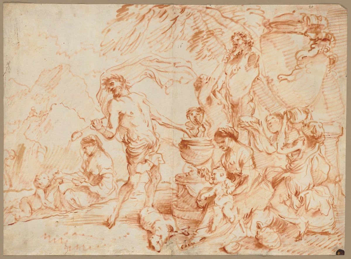 Bacchanal Before a Herm by Giovanni Benedetto Castiglione, drawing, 1660-1665