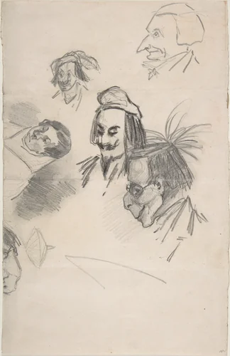 Sketches of Six Heads in Profile (caricatures?) (recto); Sketch of Head and Blank Rectangle (verso) by Félicien Rops, drawing, 1833-1898