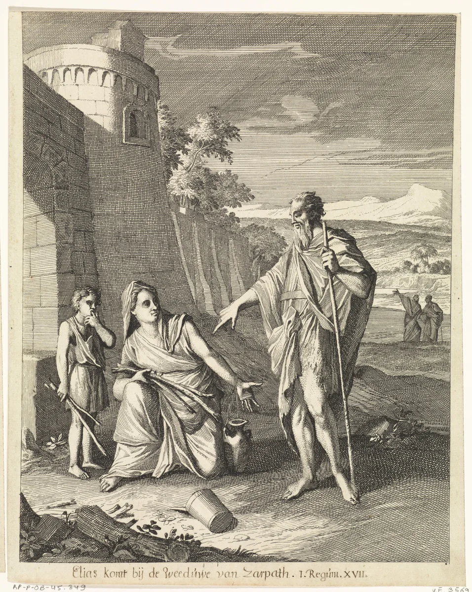 Elia en de weduwe van Sarefat by Caspar Luyken, print, 1708