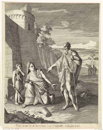 Elia en de weduwe van Sarefat by Caspar Luyken, print, 1708