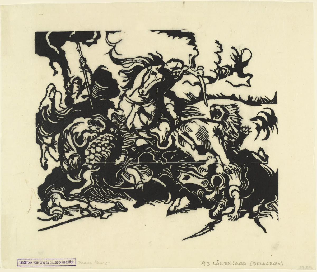 Lion Hunt After Delacroix (Löwenjagd nach Delacroix) by Franz Marc, print, 1913