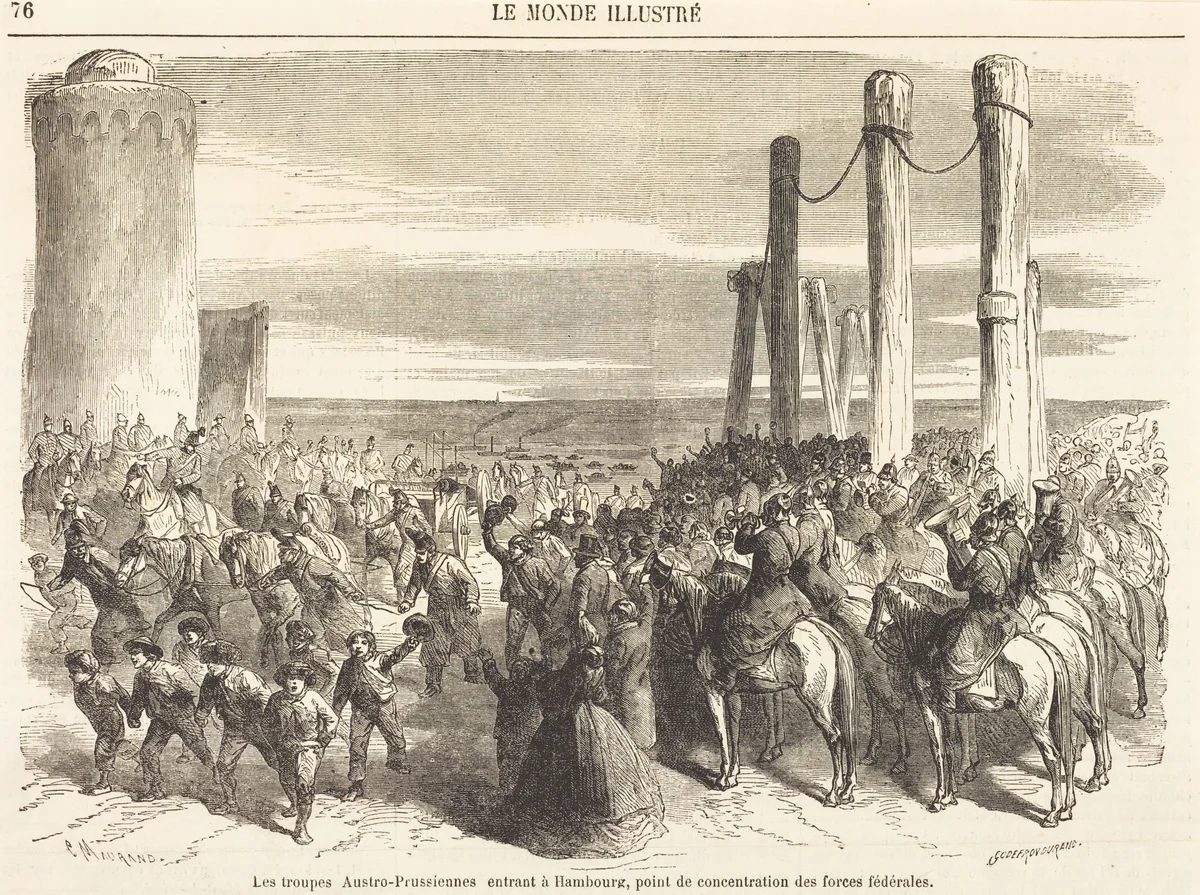 Les troupes Austro-Prussiennes entrant a Hambourg ... [top half] by Charles Maurand; Godefroy Durand, print, 1864