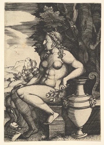 Seated nude next to a vase by Master FG, print, 1537