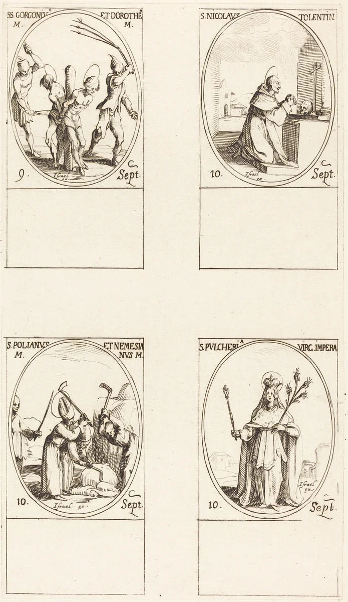 Sts. Gorgonius & Dorothy; St. Nicholas of Tolentino; St. Polianus & Nemesian; St. Pulcheria by Jacques Callot, print, 1627-1637