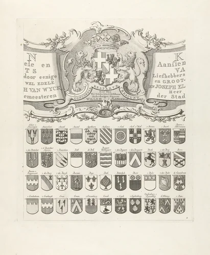 Wapenkaart van oude geslachten van Utrecht, blad middenboven by Johannes van Hiltrop, print, 1769