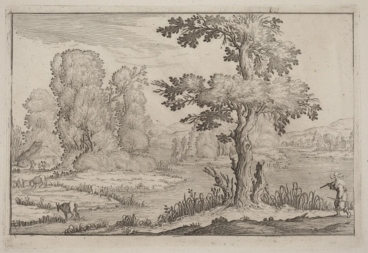 Herdsman and Cows Crossing a River by Ercole Bazicaluva, print, 1638