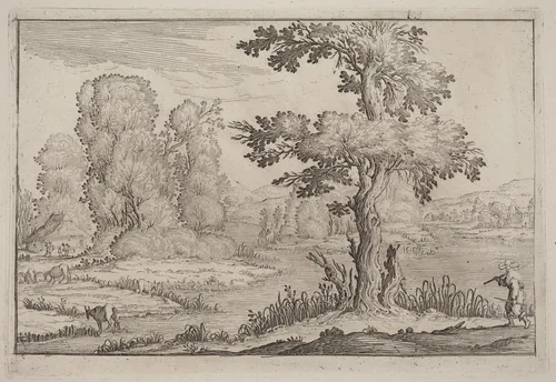 Herdsman and Cows Crossing a River by Ercole Bazicaluva, print, 1638
