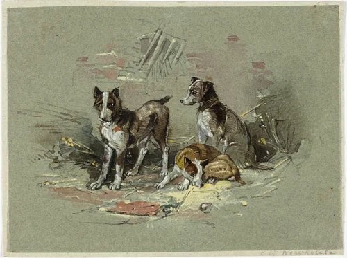 Three Dogs in an Alley by Charles B. Newhouse, painting, 1825-1877