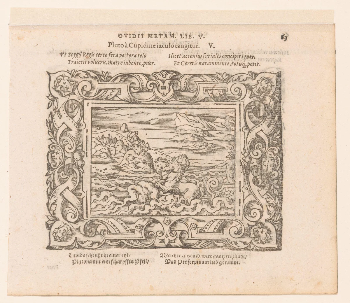 Amor richt zijn pijl op Pluto by Virgilius Solis, print, 1569