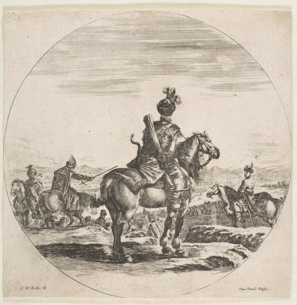 Polish horseman with a bow and arrow, seen from behind with his horse facing right, a circular composition, from "Figures on Horseback" (Cavaliers nègres, polonais et hongrois) by Stefano della Bella, print, 1646-1656