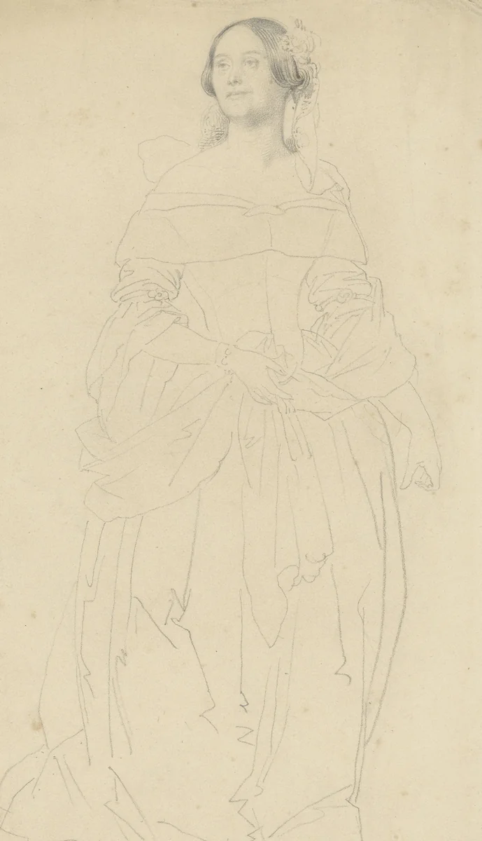 Madame Foy, staande in avondtoilet by Achille Devéria, drawing, 1810-1857