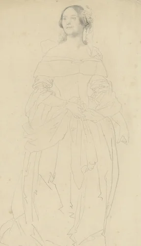Madame Foy, staande in avondtoilet by Achille Devéria, drawing, 1810-1857