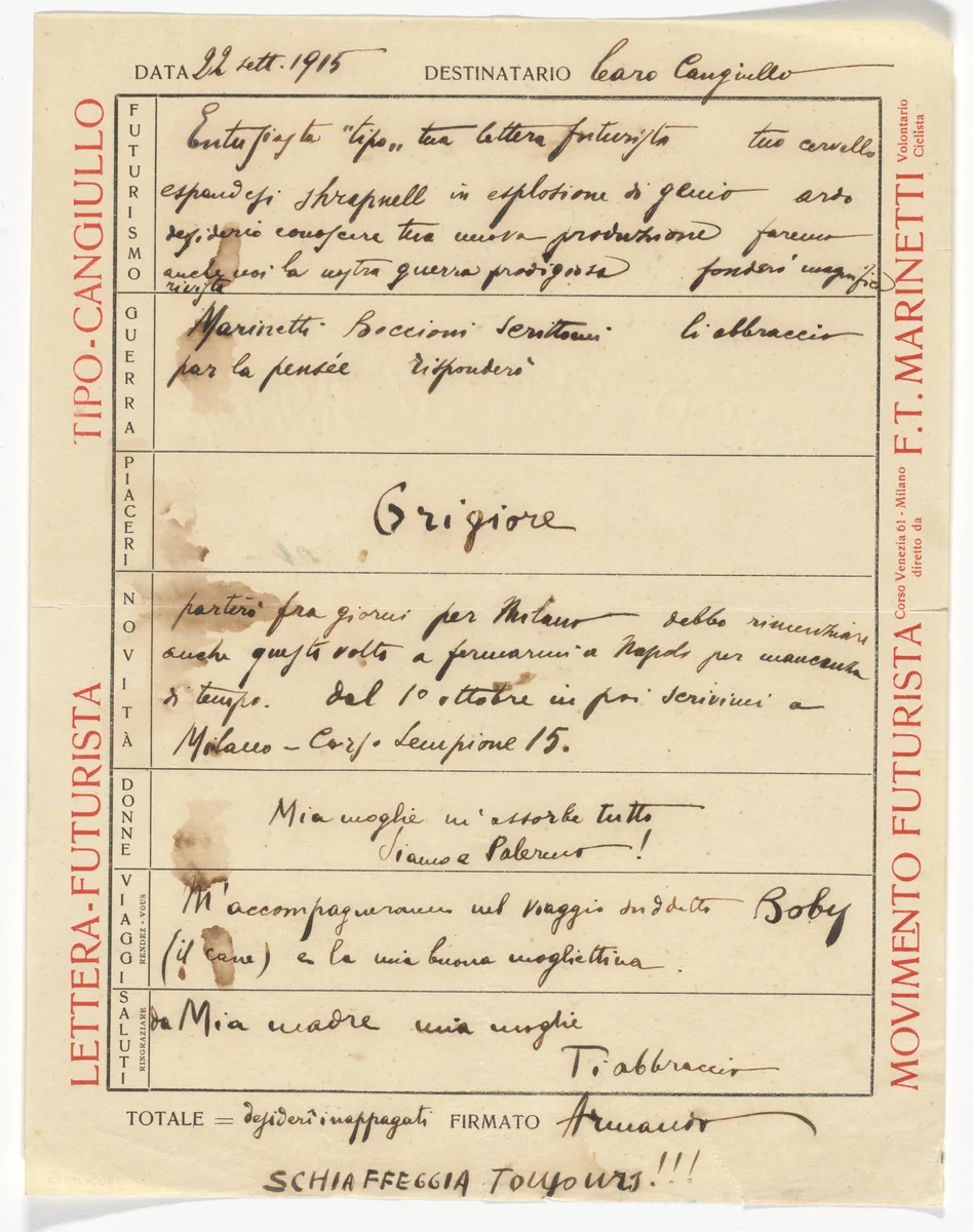 Movimento Futuriste letterhead (Letter to Congiullo) by Unidentified Designer, design, 1915