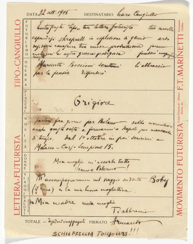 Movimento Futuriste letterhead (Letter to Congiullo) by Unidentified Designer, design, 1915