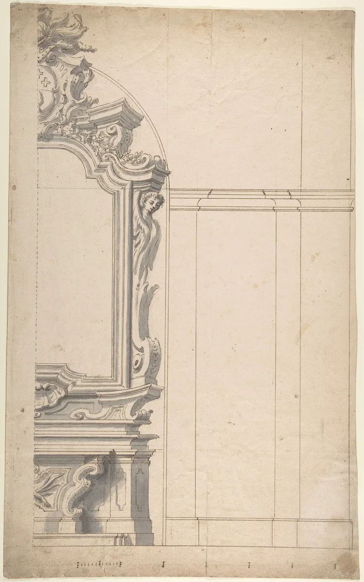 Design for one half of an Altar with a Pilastered Wall at the Right by anonymous, drawing, 1700-1780
