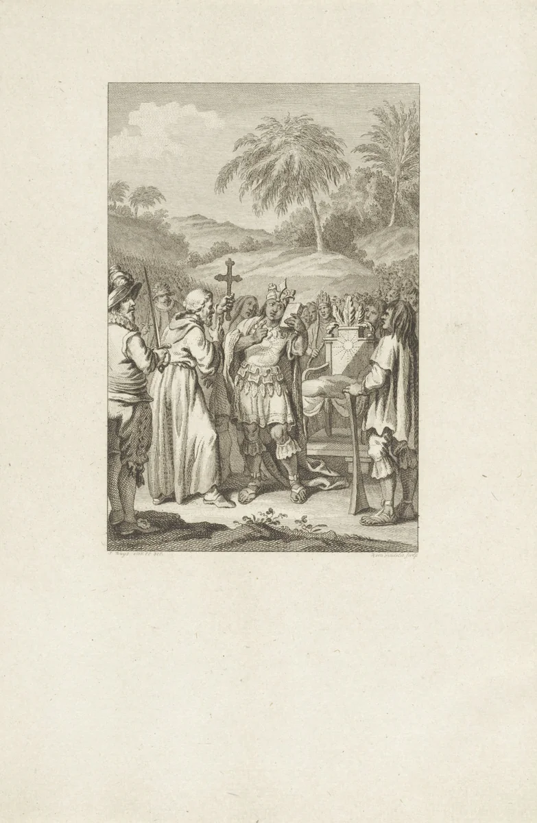 Incaleider Atahualpa wordt bekeerd tot het katholieke geloof by Reinier Vinkeles, print, 1788