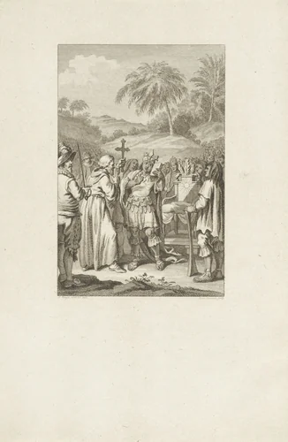 Incaleider Atahualpa wordt bekeerd tot het katholieke geloof by Reinier Vinkeles, print, 1788