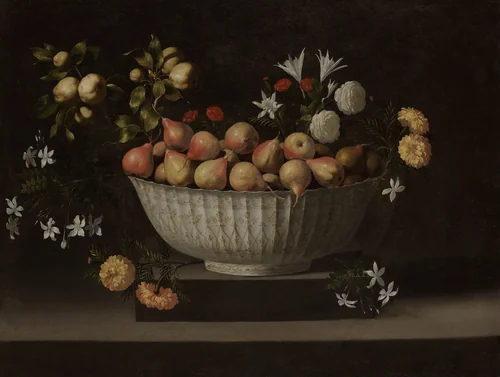Flowers and Fruit in a Chinese Bowl by Juan de Zurbarán, painting, 1640-1650