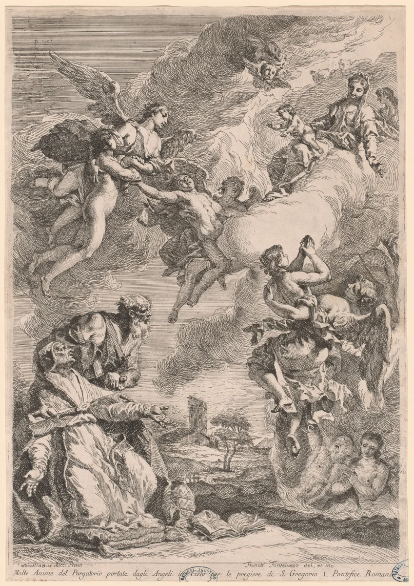 Pope Gregory the Great and Saint Vitale Interceding for the Souls in Purgatory by Francesco Fontebasso, print, 1726-1736