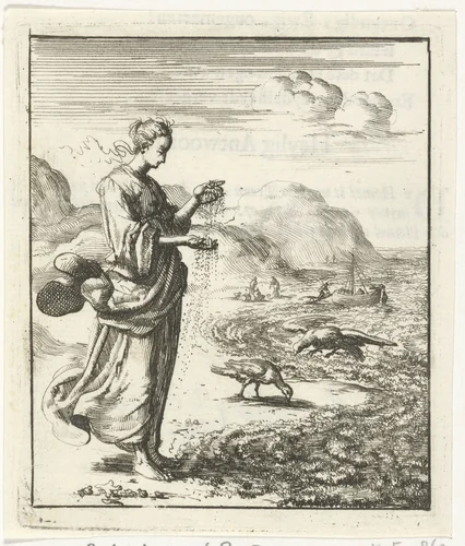 Vrouw laat op het strand zand door haar vingers glijden by Jan Luyken, print, 1687