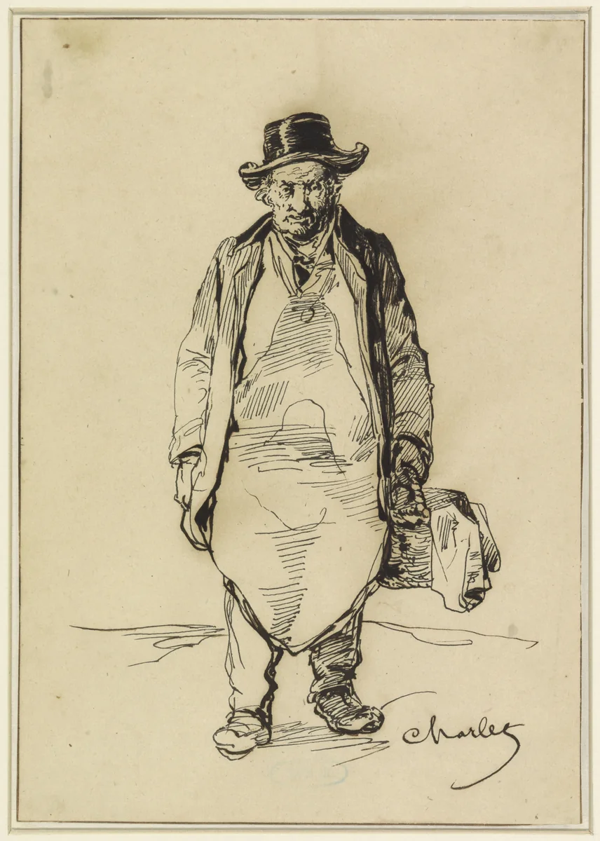 Staande man met schort, in de linkerhand een mand by Nicolas Toussaint Charlet, drawing, 1802-1845