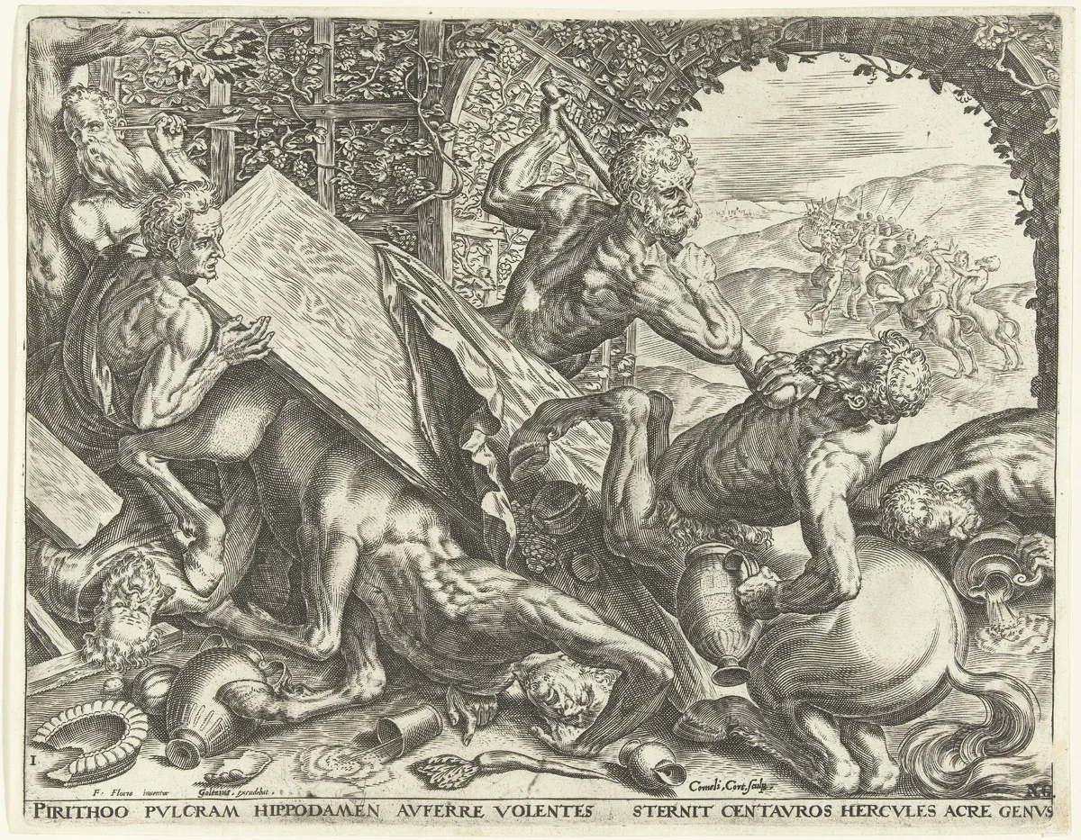Hercules voorkomt de roof van Hippodamia door de centauren by Unknown, print, 1563-1595